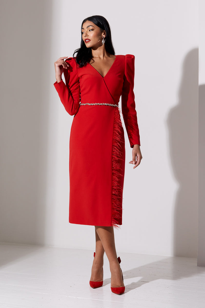 VIVIENNE FEATHER TRIM PUFF SLEEVE DRESS - RED