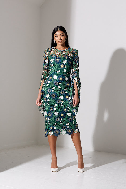 JULIETTE LACE DRAPE SLEEVE MIDI DRESS - GREEN NAVY