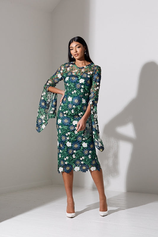 JULIETTE LACE DRAPE SLEEVE MIDI DRESS - GREEN NAVY