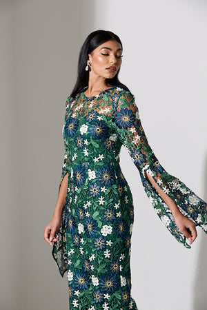 JULIETTE LACE DRAPE SLEEVE MIDI DRESS - GREEN NAVY