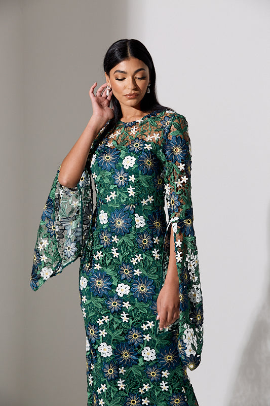 JULIETTE LACE DRAPE SLEEVE MIDI DRESS - GREEN NAVY