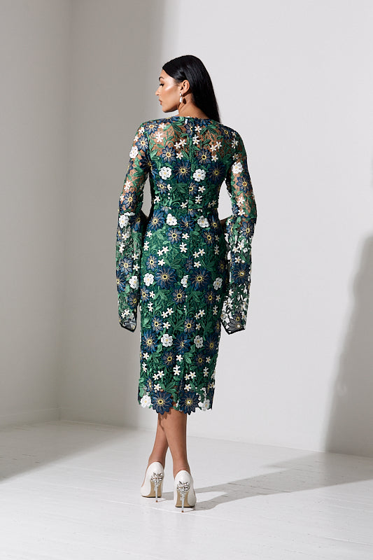 JULIETTE LACE DRAPE SLEEVE MIDI DRESS - GREEN NAVY