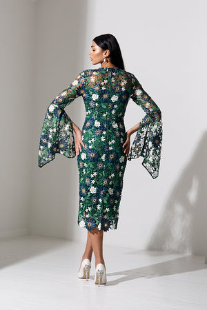 JULIETTE LACE DRAPE SLEEVE MIDI DRESS - GREEN NAVY