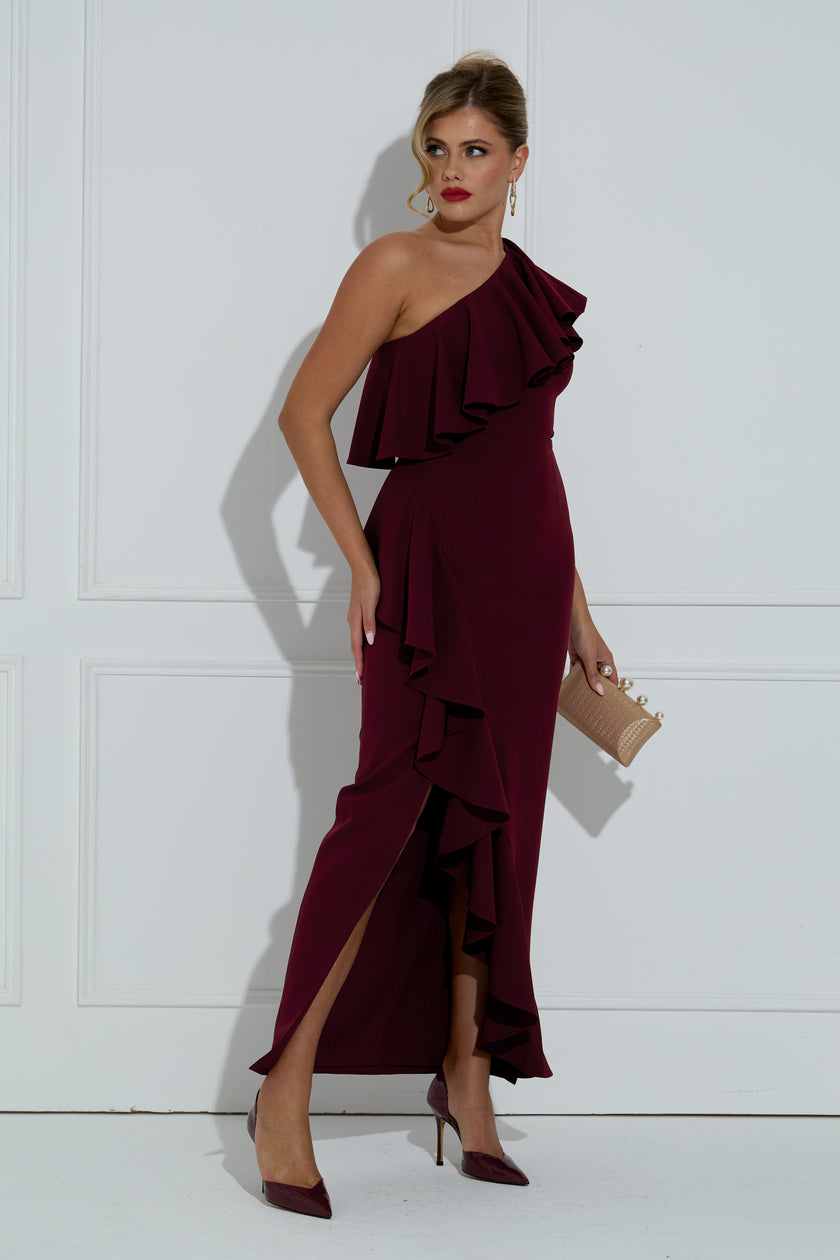 BEAU FRILL 1 SHOULDER DRESS - OXBLOOD