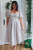 AUDREY PUFF SLEEVE FULL SKIRT DRESS - CHAMPAGNE IVORY POLKA DOT