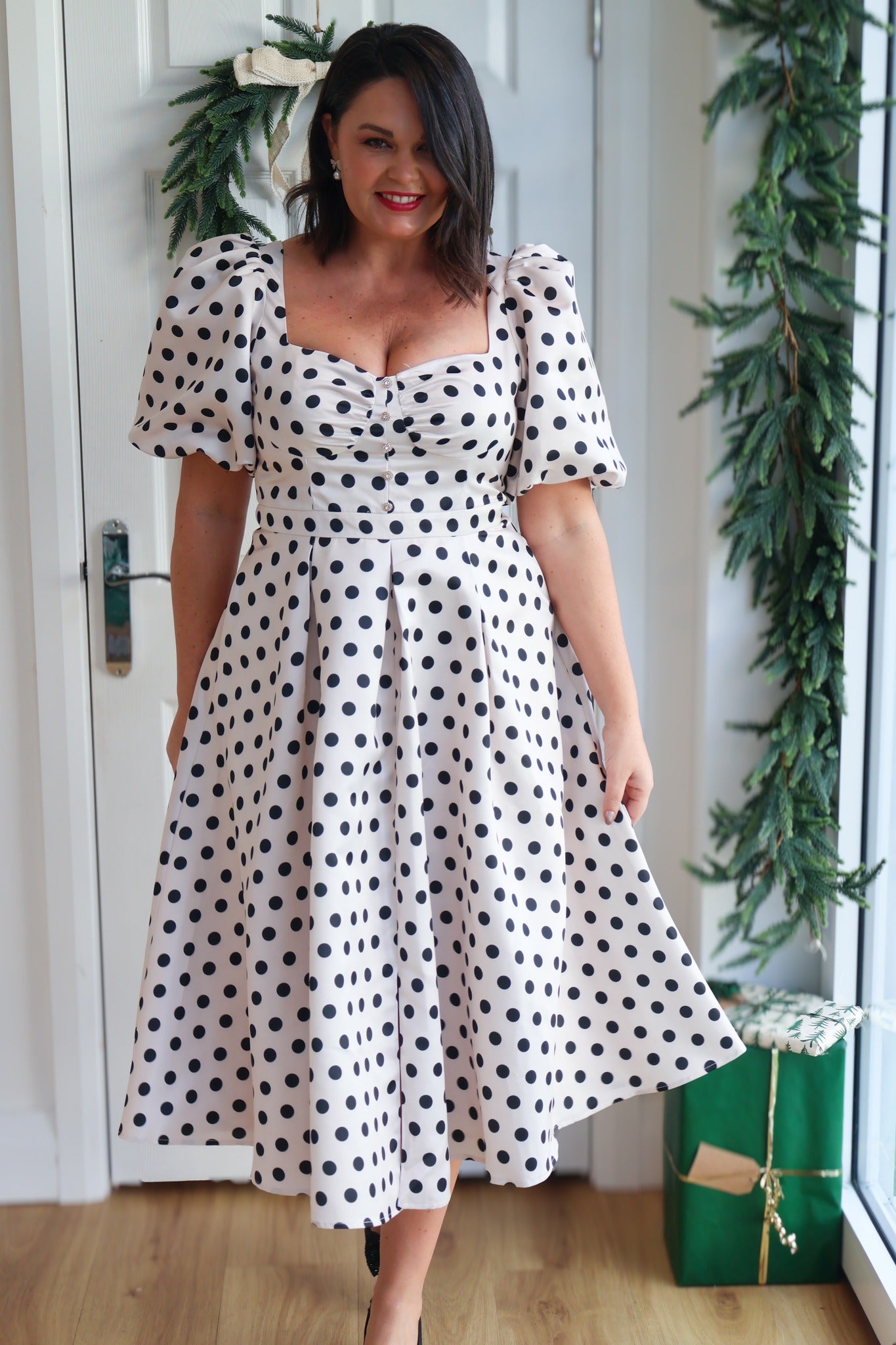 AUDREY PUFF SLEEVE FULL SKIRT DRESS - CHAMPAGNE IVORY POLKA DOT