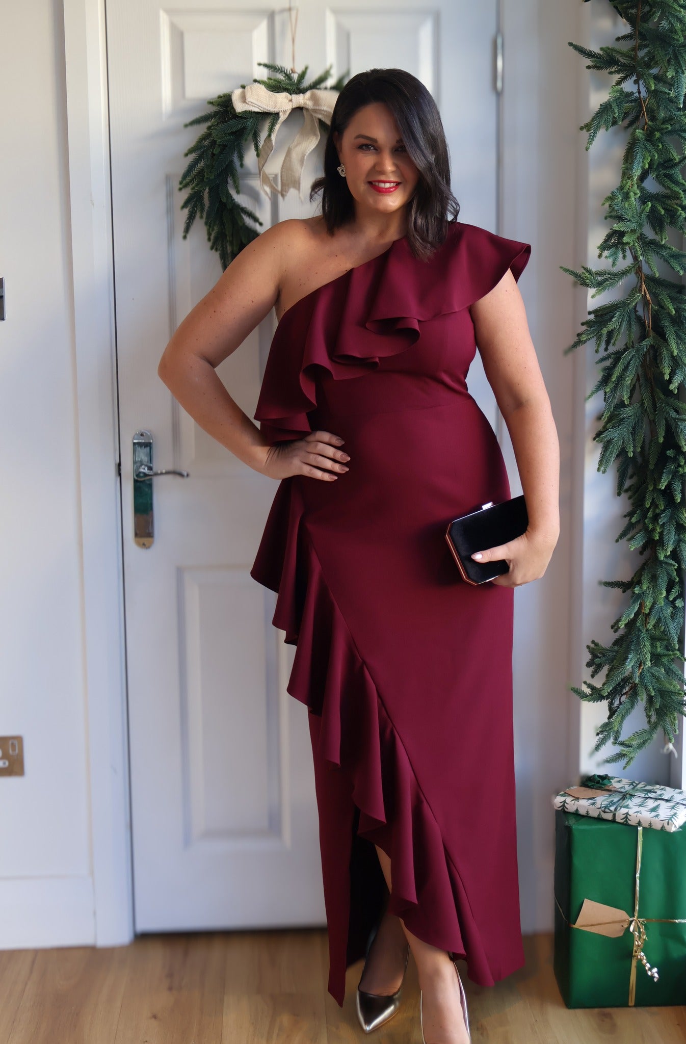 BEAU FRILL 1 SHOULDER DRESS - OXBLOOD