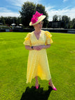 CALLIE LACE PUFF SLEEVE MIDI DRESS WTH BOW BACK - LEMON YELLOW