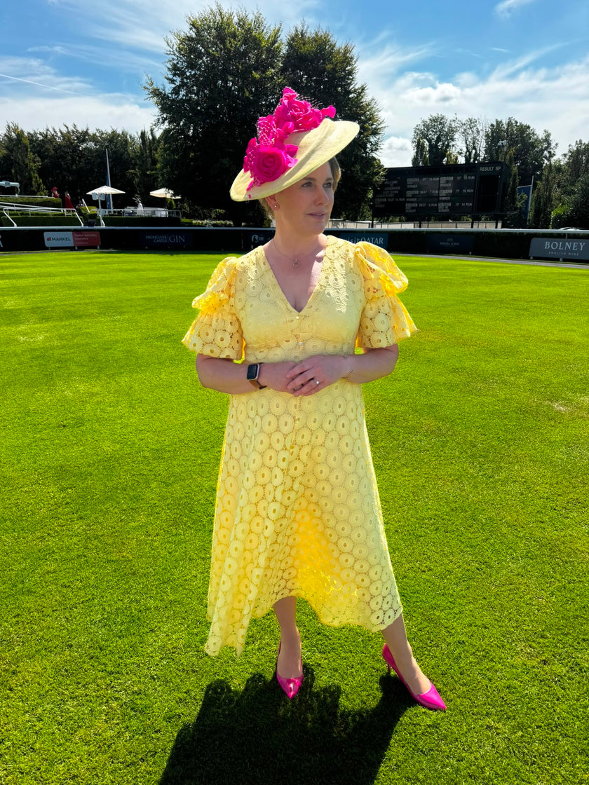 CALLIE LACE PUFF SLEEVE MIDI DRESS WTH BOW BACK - LEMON YELLOW