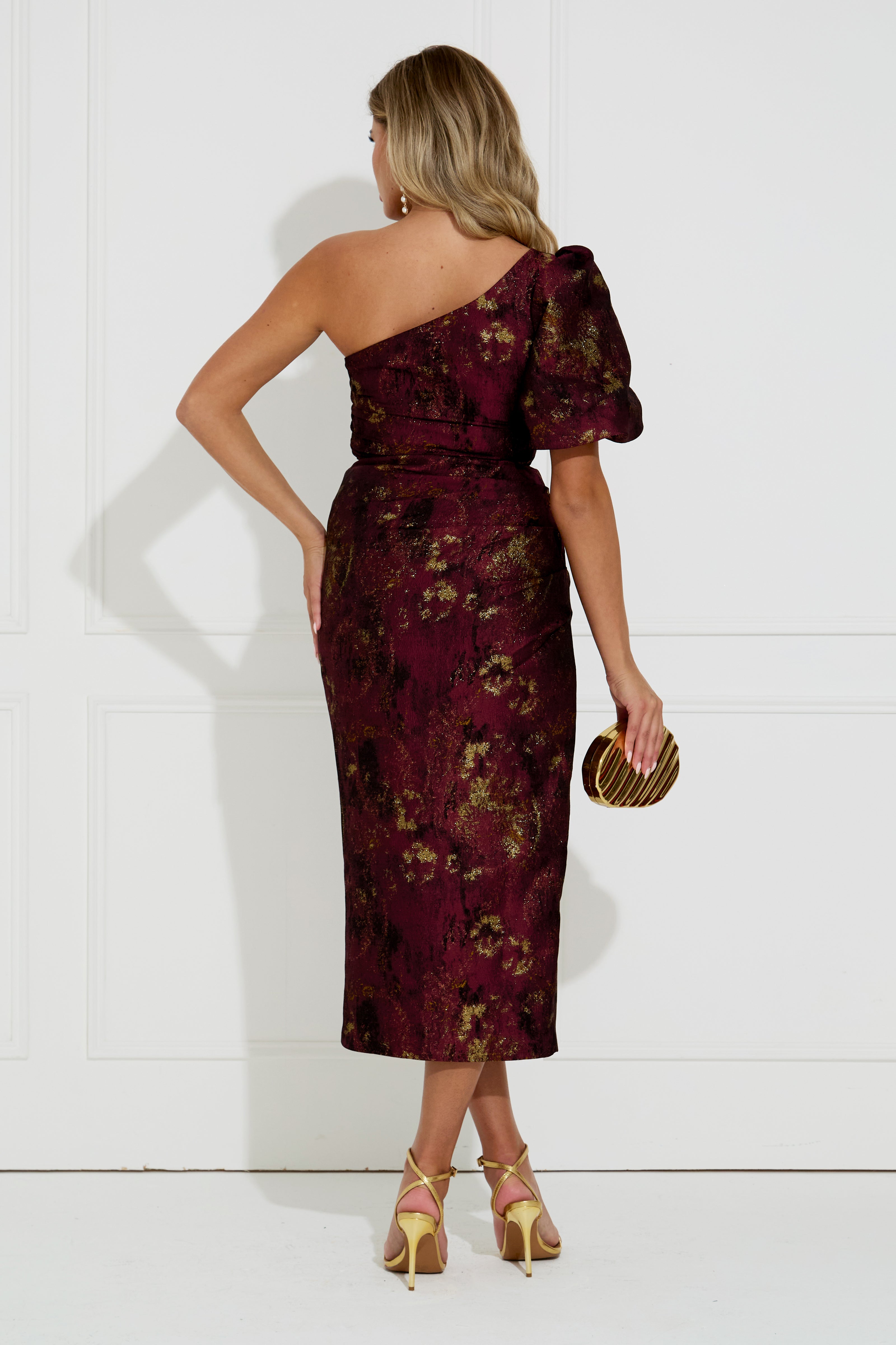 DIANA METALLIC RUCHE 1 SHOULDER DRESS - OXBLOOD