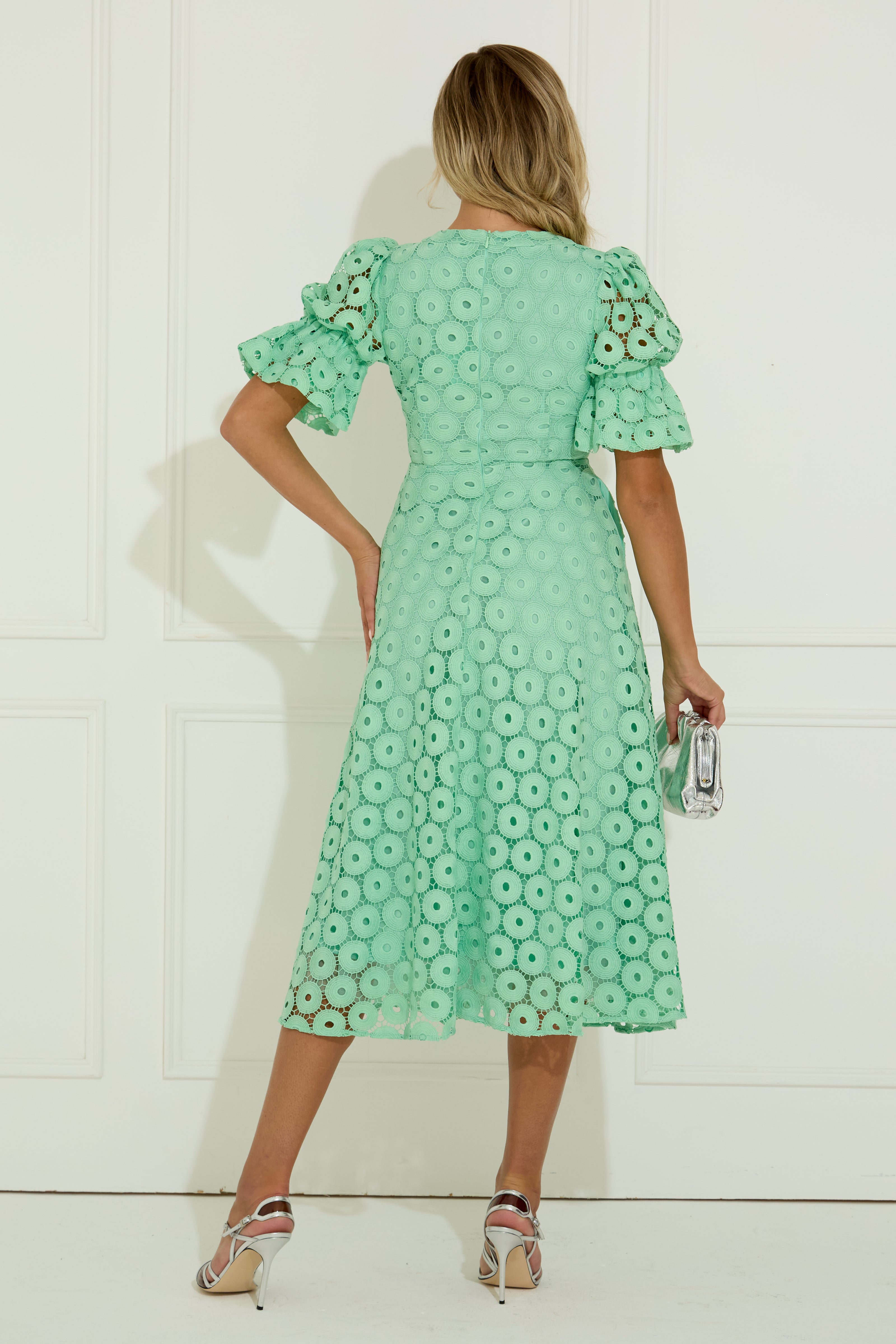 CALLIE CROCHET LACE MIDI DRESS - MINT GREEN