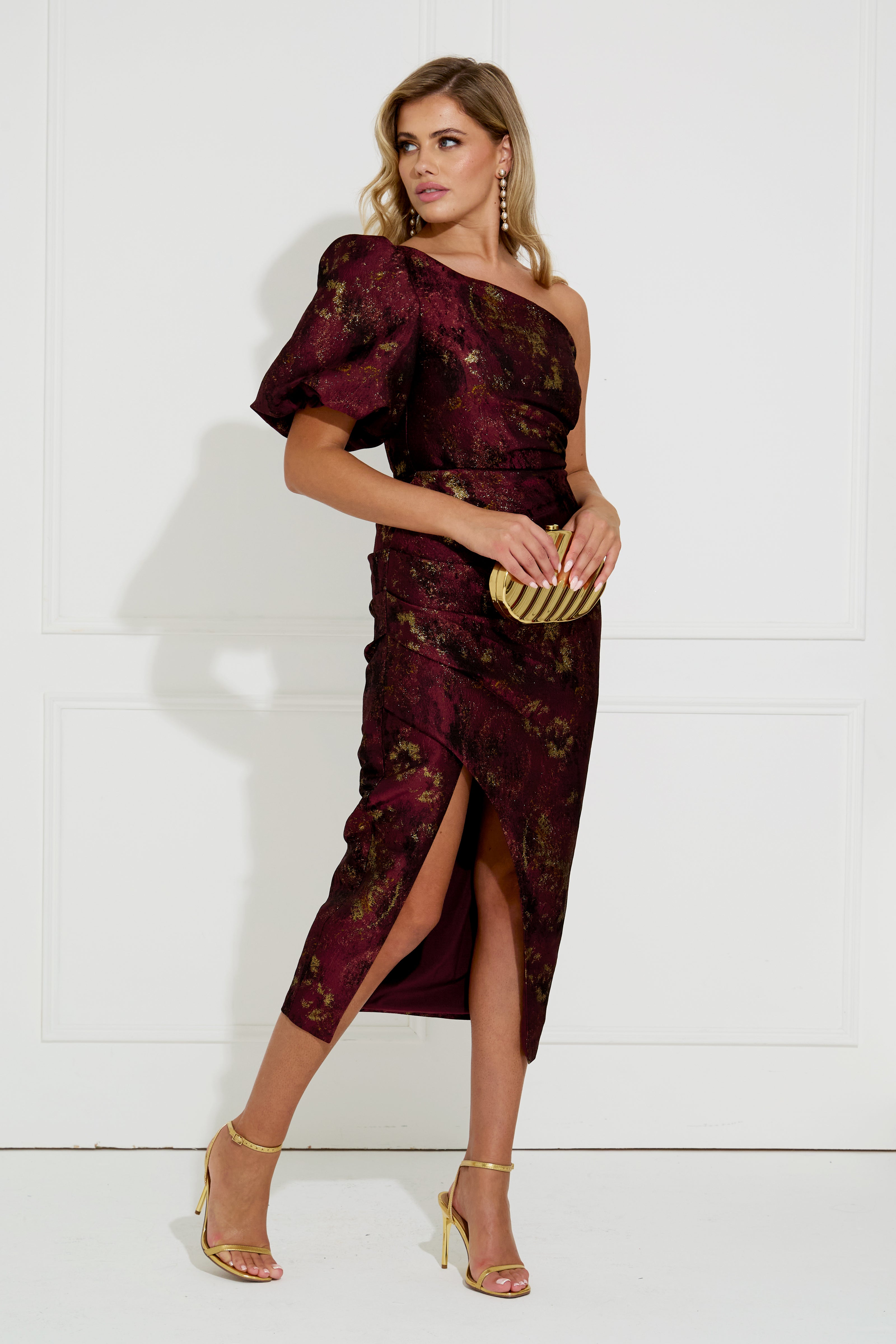 DIANA METALLIC RUCHE 1 SHOULDER DRESS - OXBLOOD