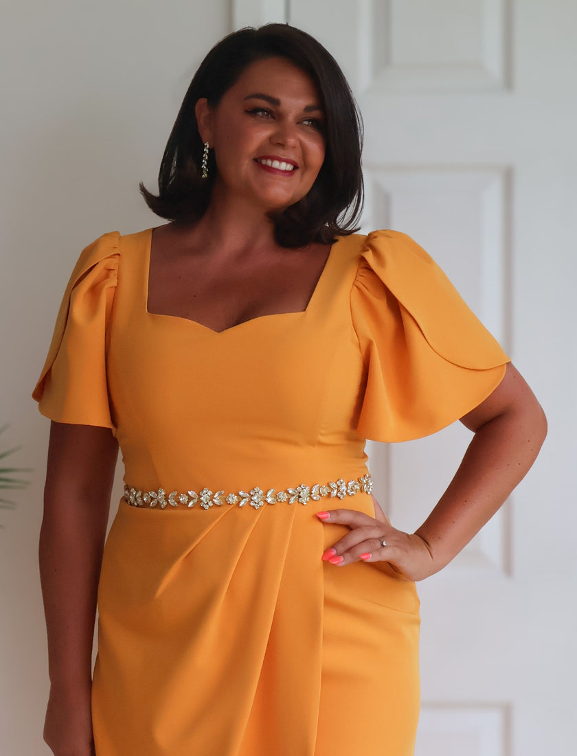 SOLANA EMBELLISHED WAIST TULIP SKIRT MIDI - SUNSHINE ORANGE