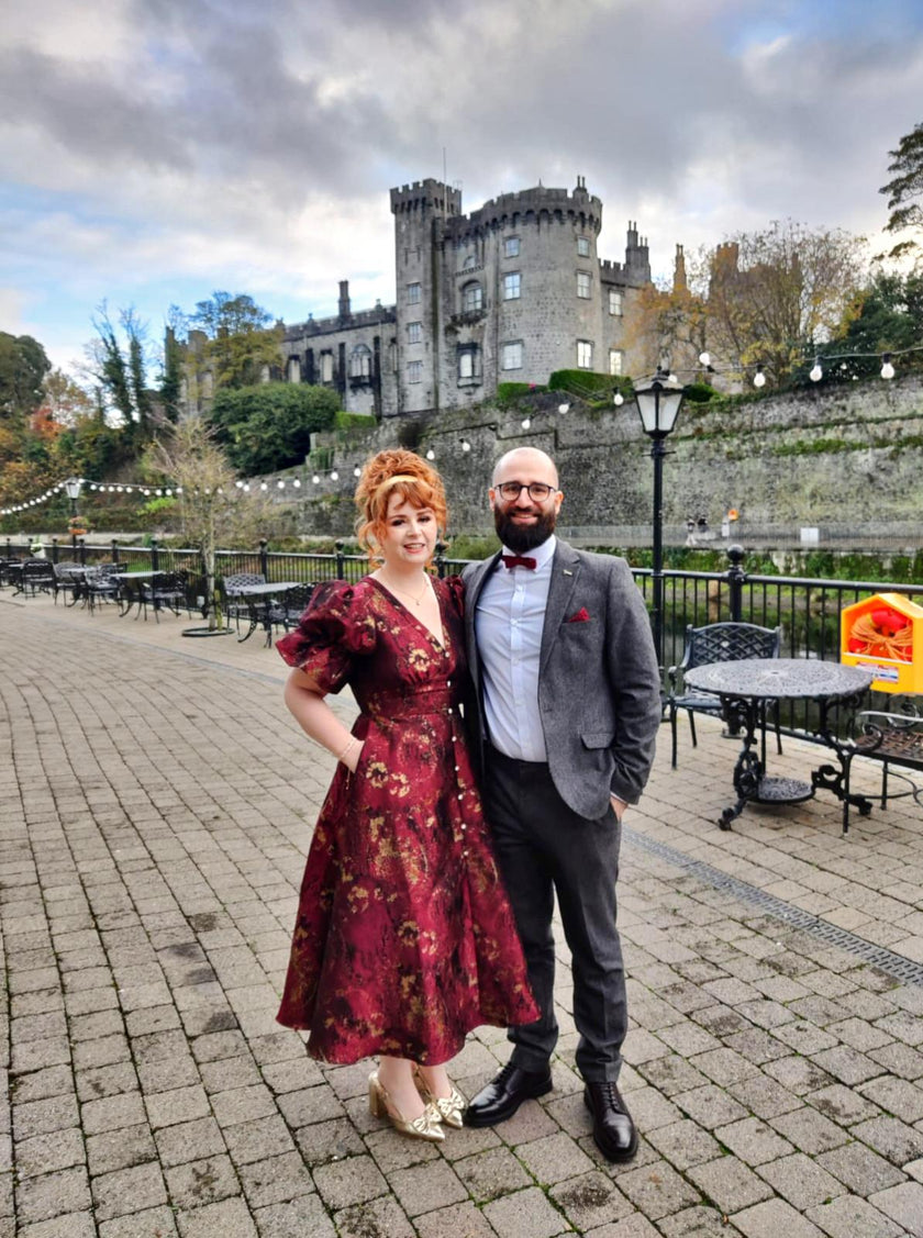 CALLIE METALLIC FULL SKIRT MIDI DRESS - OXBLOOD