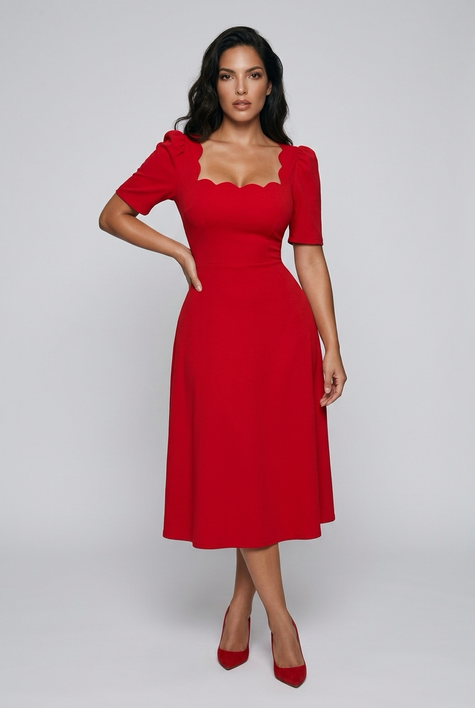 LIVIA SCALLOP SKATER MIDI DRESS - RED