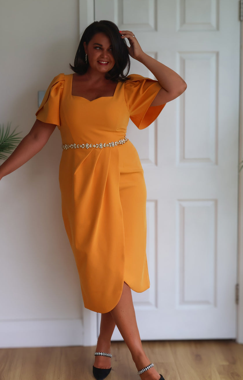 SOLANA EMBELLISHED WAIST TULIP SKIRT MIDI - SUNSHINE ORANGE