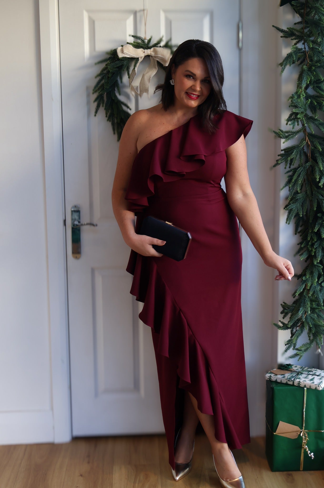 BEAU FRILL 1 SHOULDER DRESS - OXBLOOD 8thsign BEAU FRILL 1 SHOULDER DRESS - OXBLOOD 8thsign
