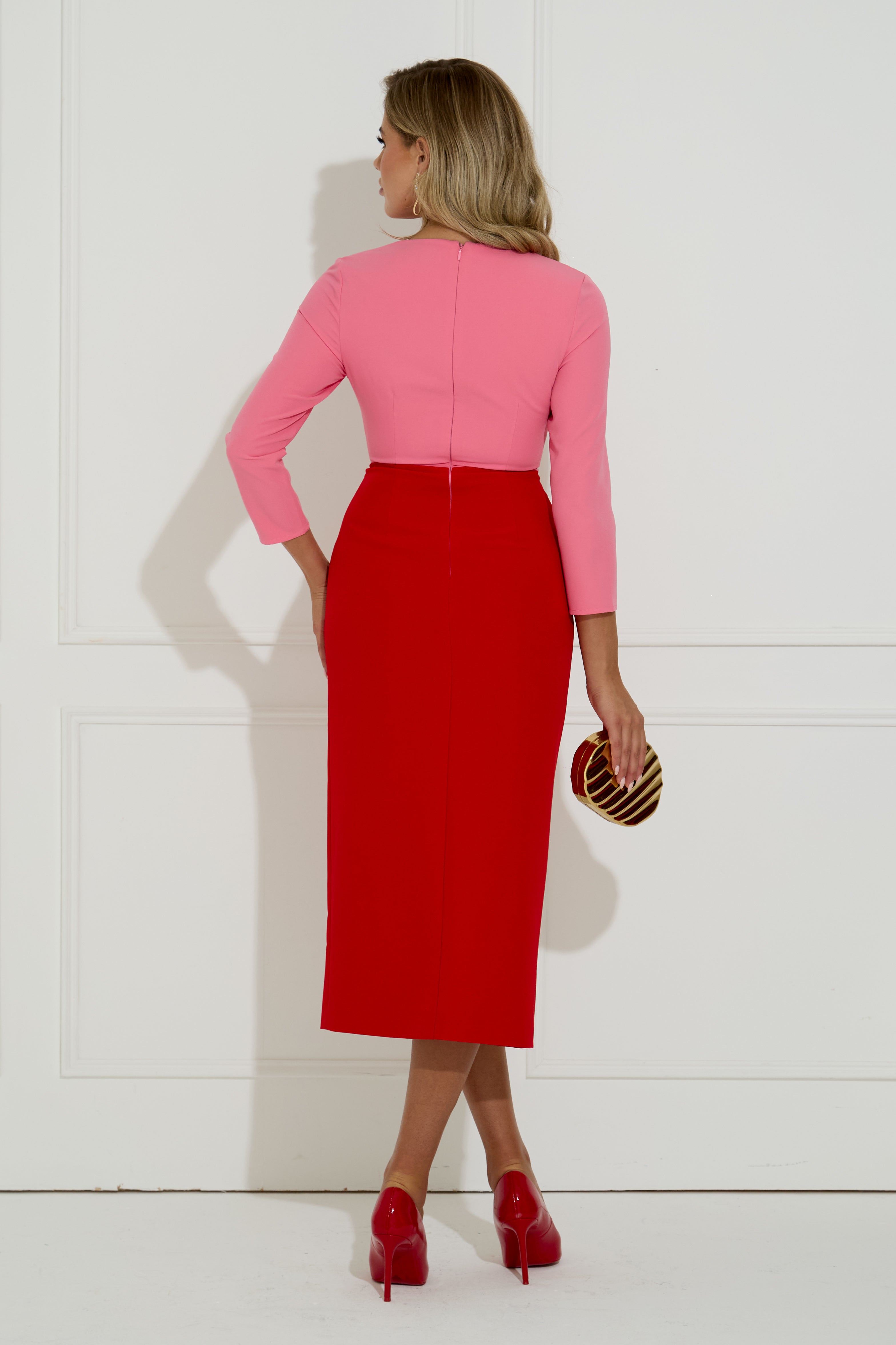 CARMEN COLOURBLOCK FRILL MIDI DRESS - RED PINK