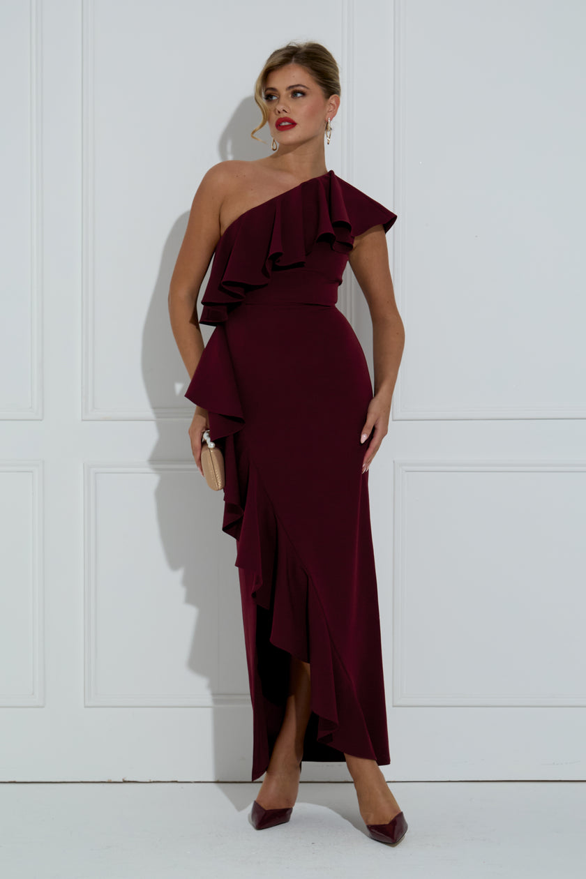 BEAU FRILL 1 SHOULDER DRESS - OXBLOOD