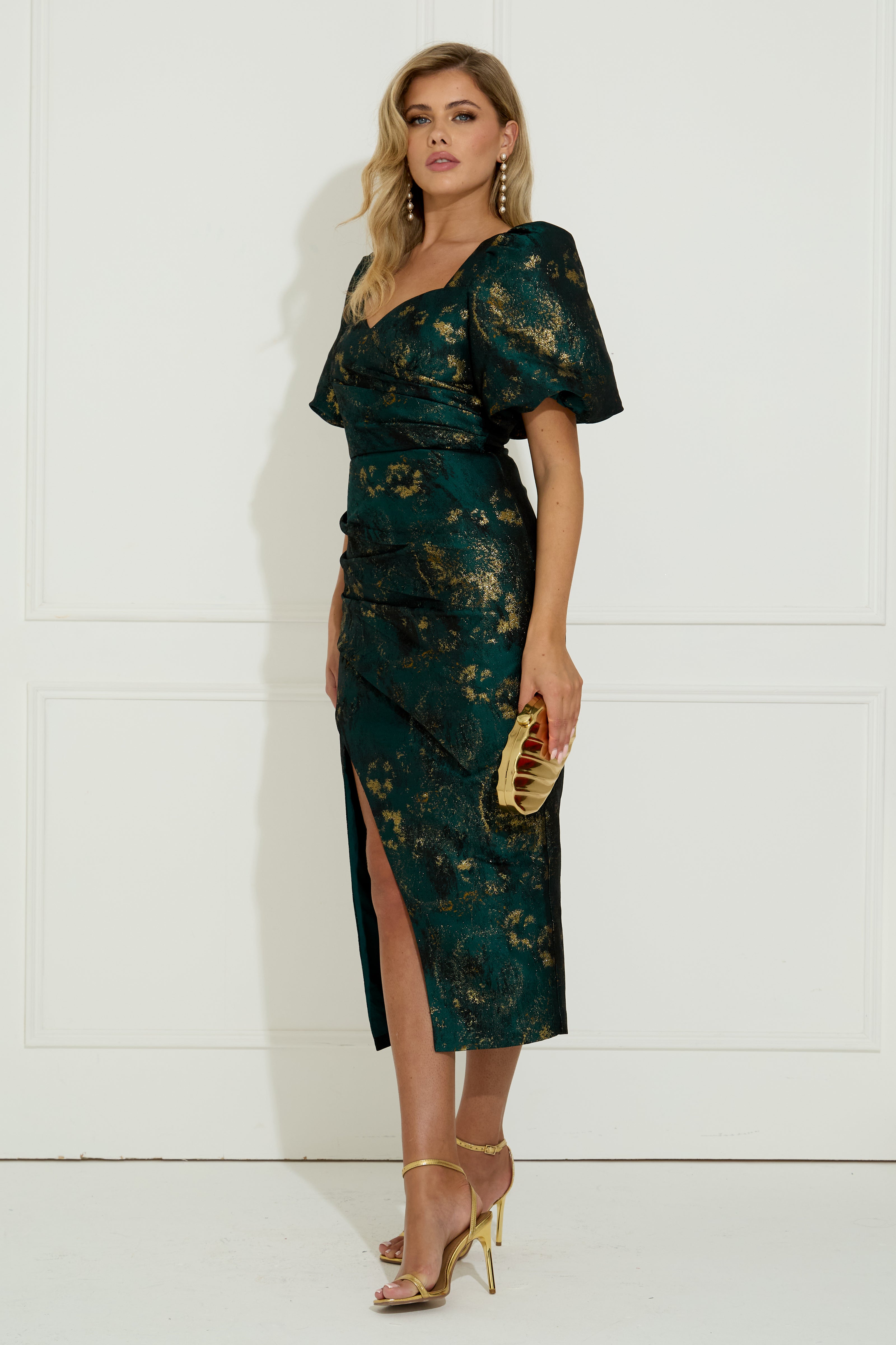 **PRE ORDER** CAMELLIA SWEETHEART METALLIC RUCHE MIDI - GREEN GOLD