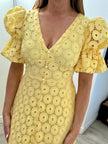 CALLIE LACE PUFF SLEEVE MIDI DRESS WTH BOW BACK - LEMON YELLOW