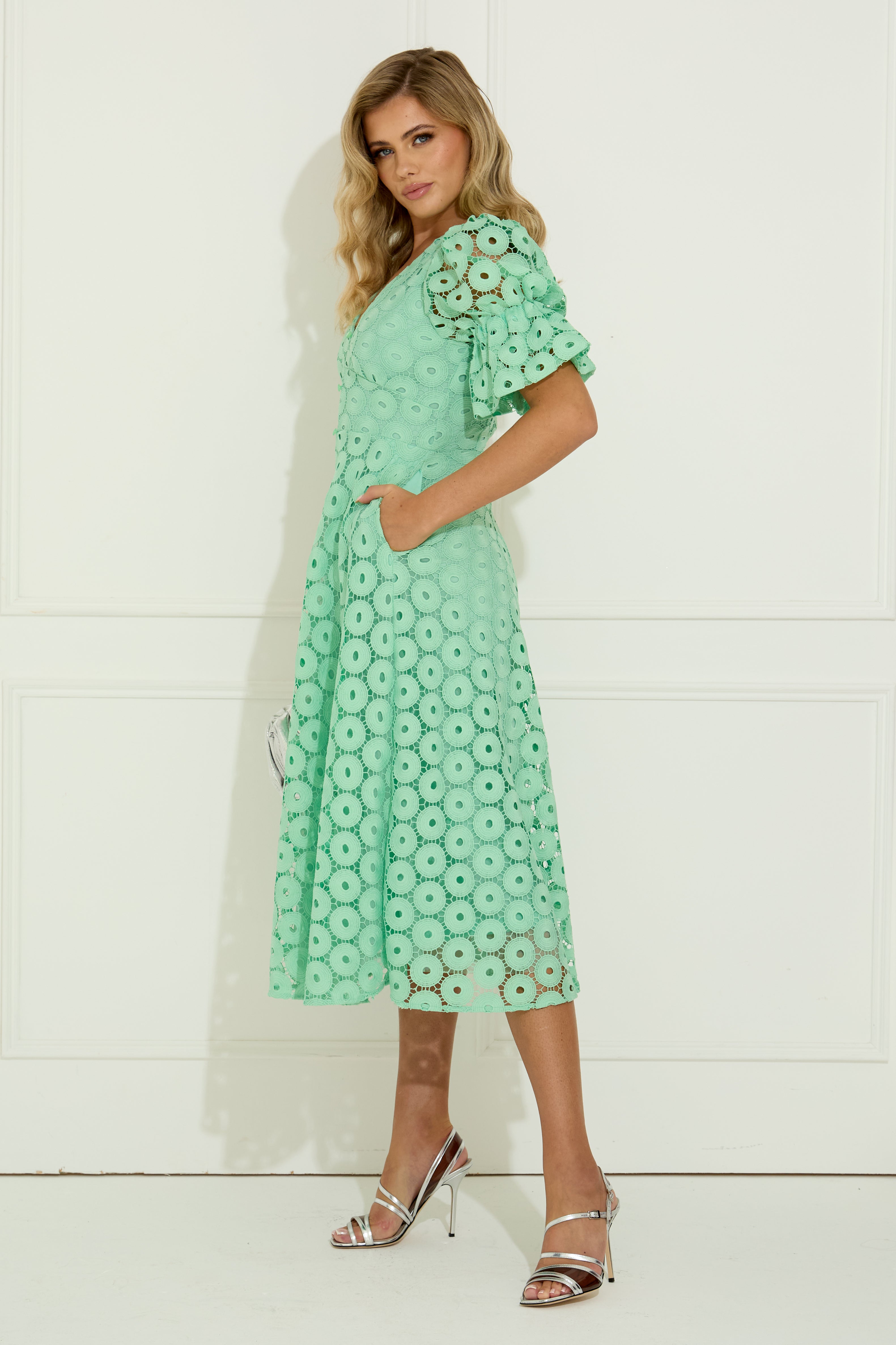 CALLIE CROCHET LACE MIDI DRESS - MINT GREEN