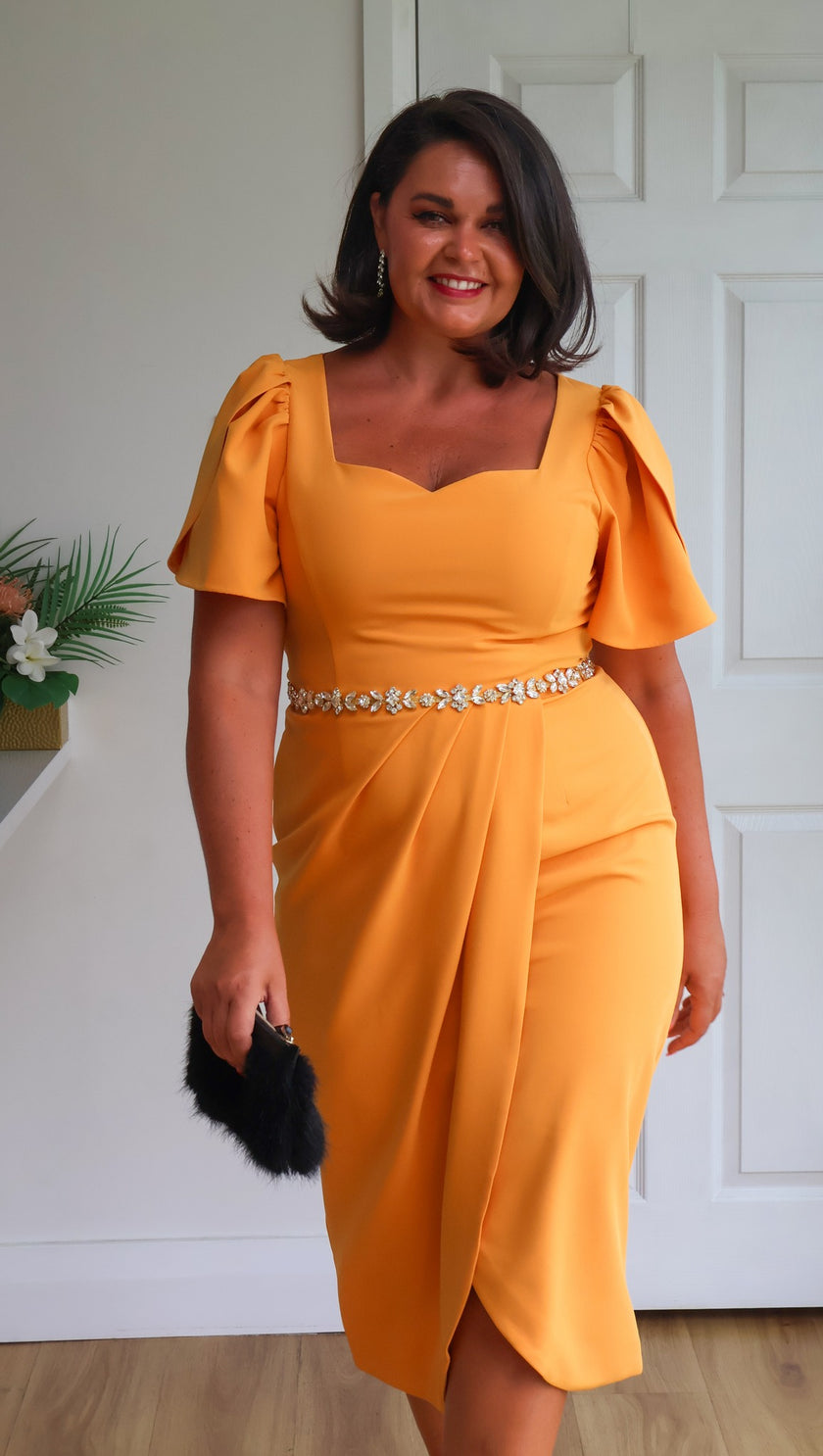 SOLANA EMBELLISHED WAIST TULIP SKIRT MIDI - SUNSHINE ORANGE