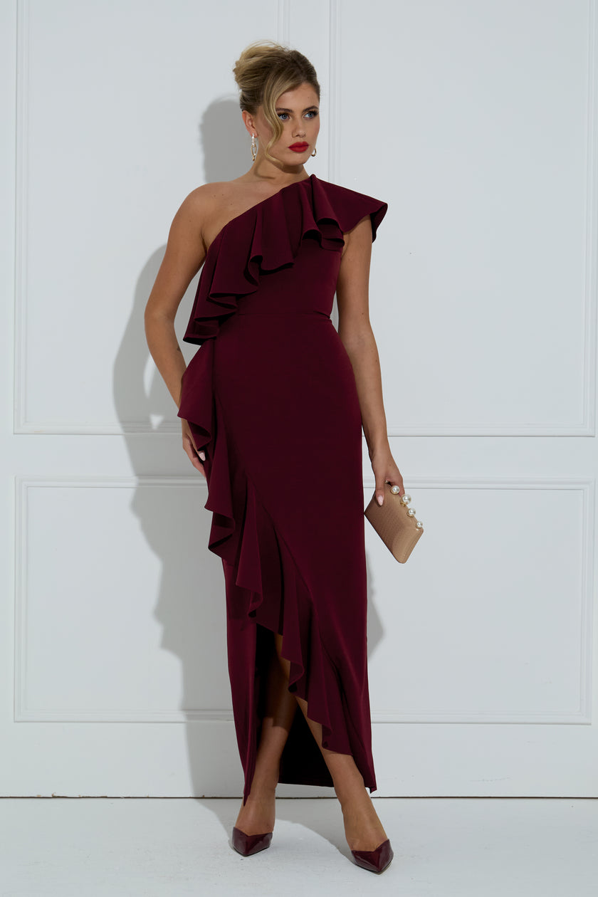 BEAU FRILL 1 SHOULDER DRESS - OXBLOOD
