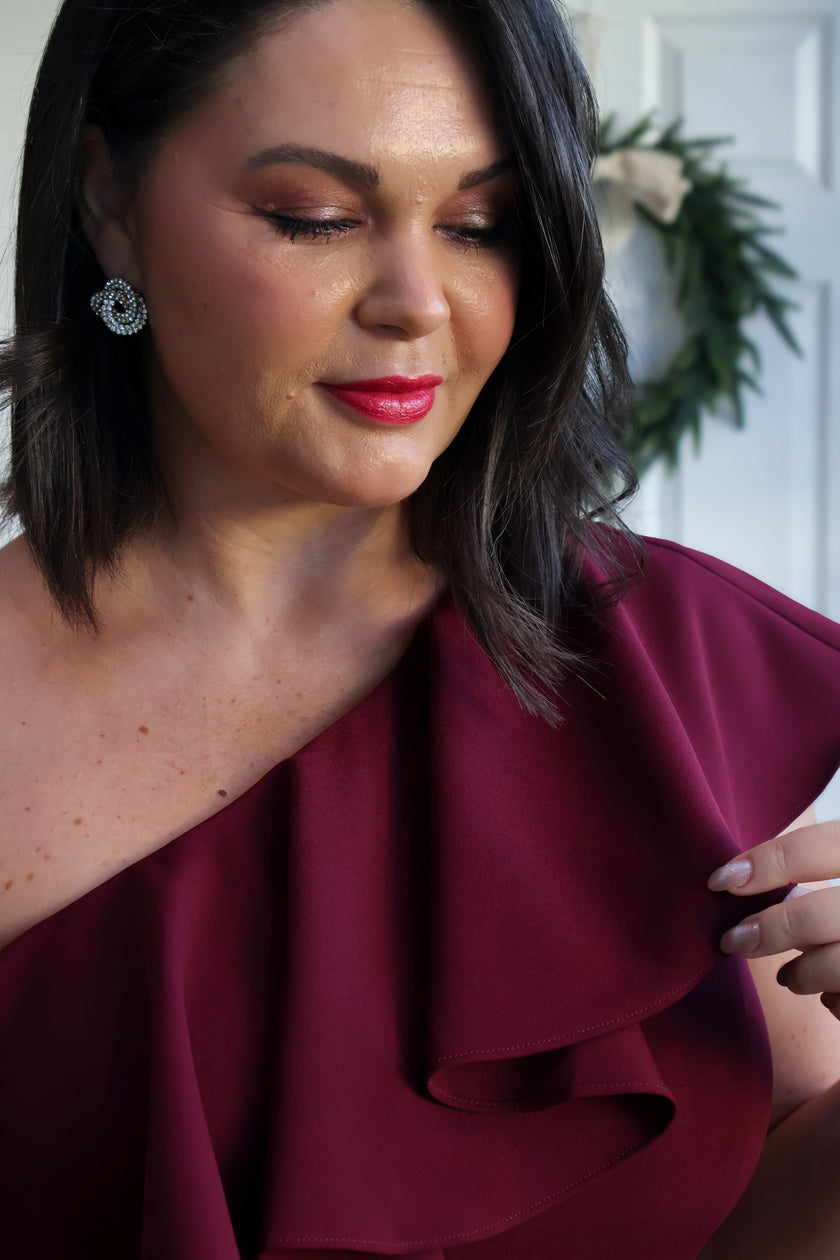 BEAU FRILL 1 SHOULDER DRESS - OXBLOOD