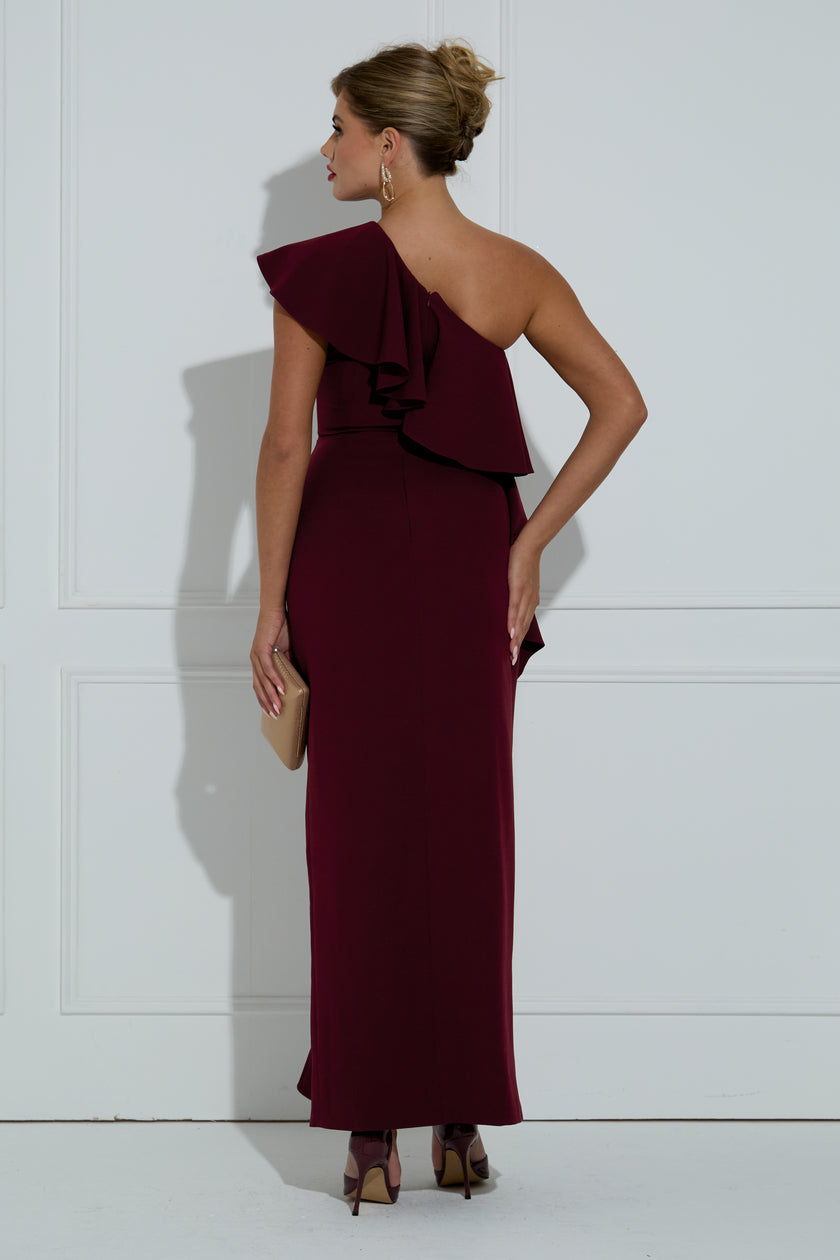 BEAU FRILL 1 SHOULDER DRESS - OXBLOOD