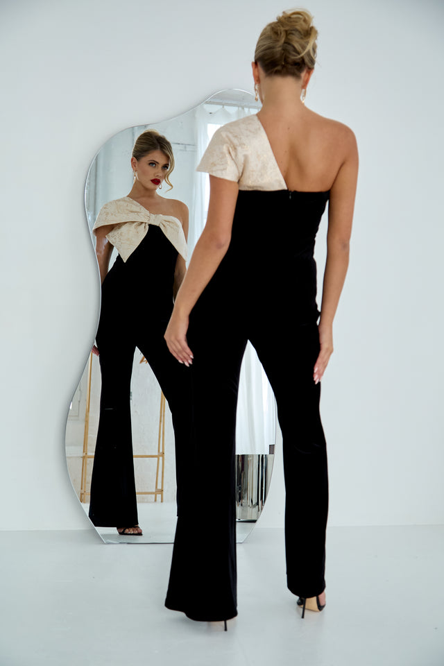 BAROQUE VELVET BOW JUMPSUIT - BLACK GOLD