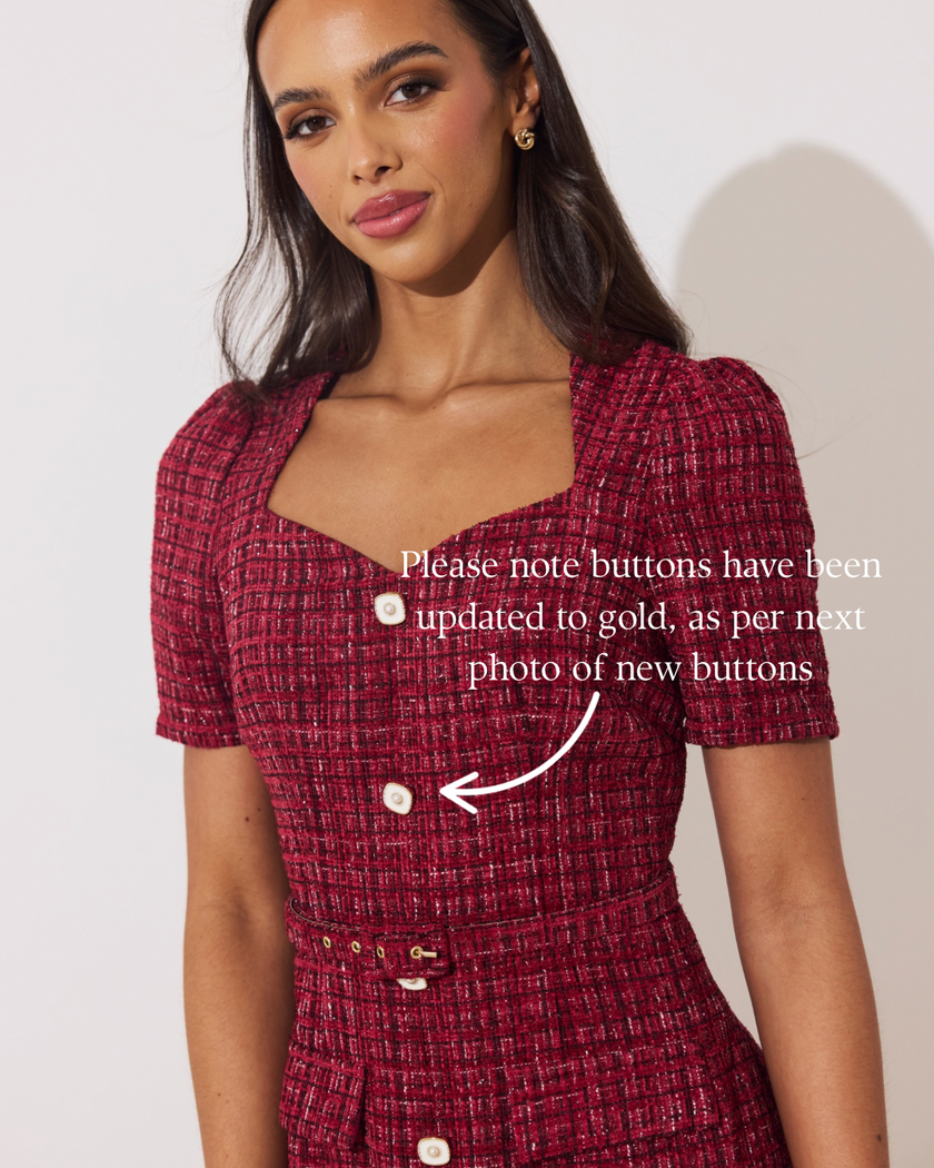 HARRIET TWEED BELTED MIDI DRESS - OXBLOOD SPARKLE