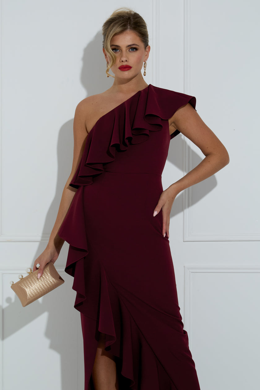 BEAU FRILL 1 SHOULDER DRESS - OXBLOOD