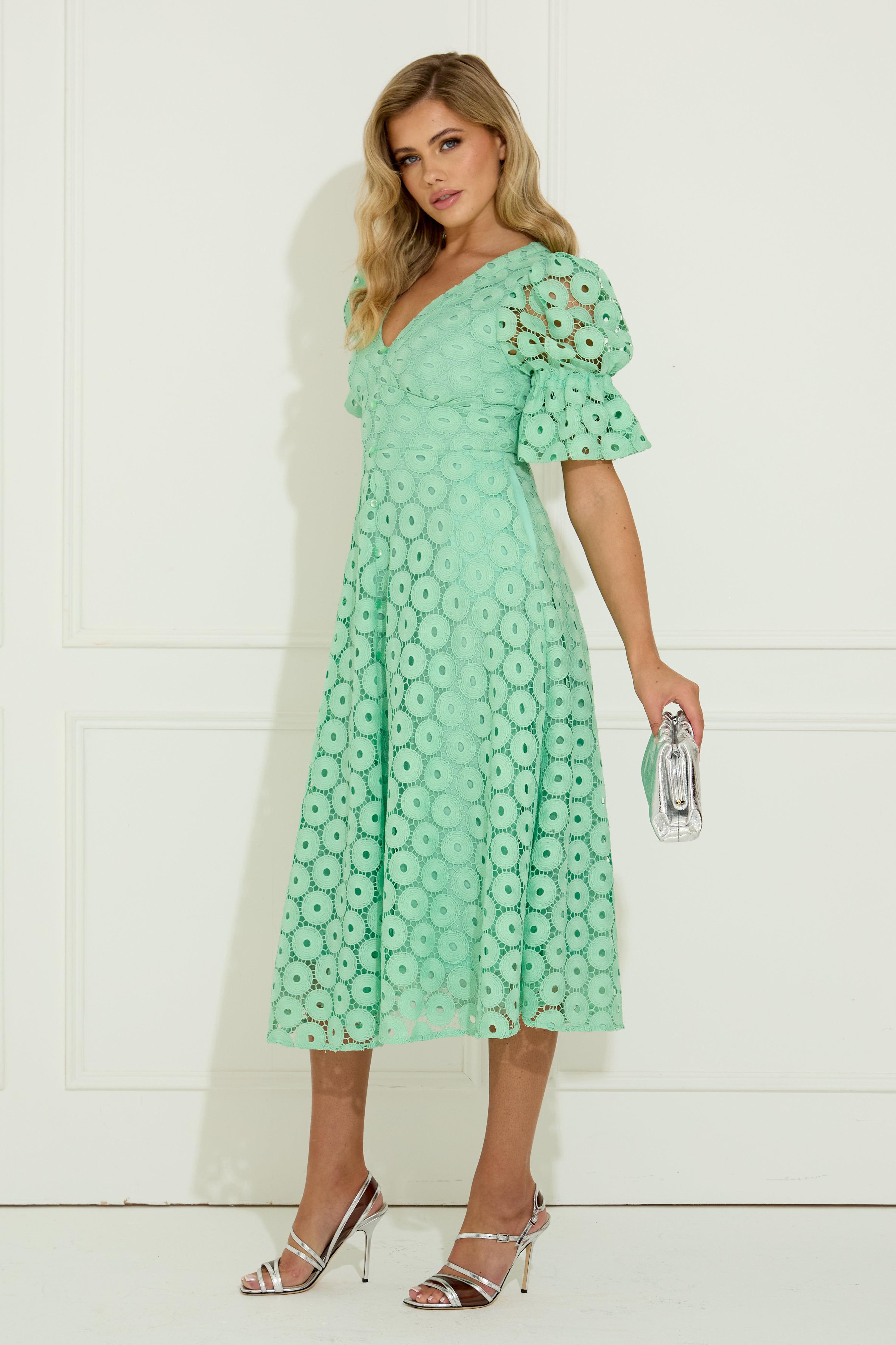 CALLIE CROCHET LACE MIDI DRESS - MINT GREEN