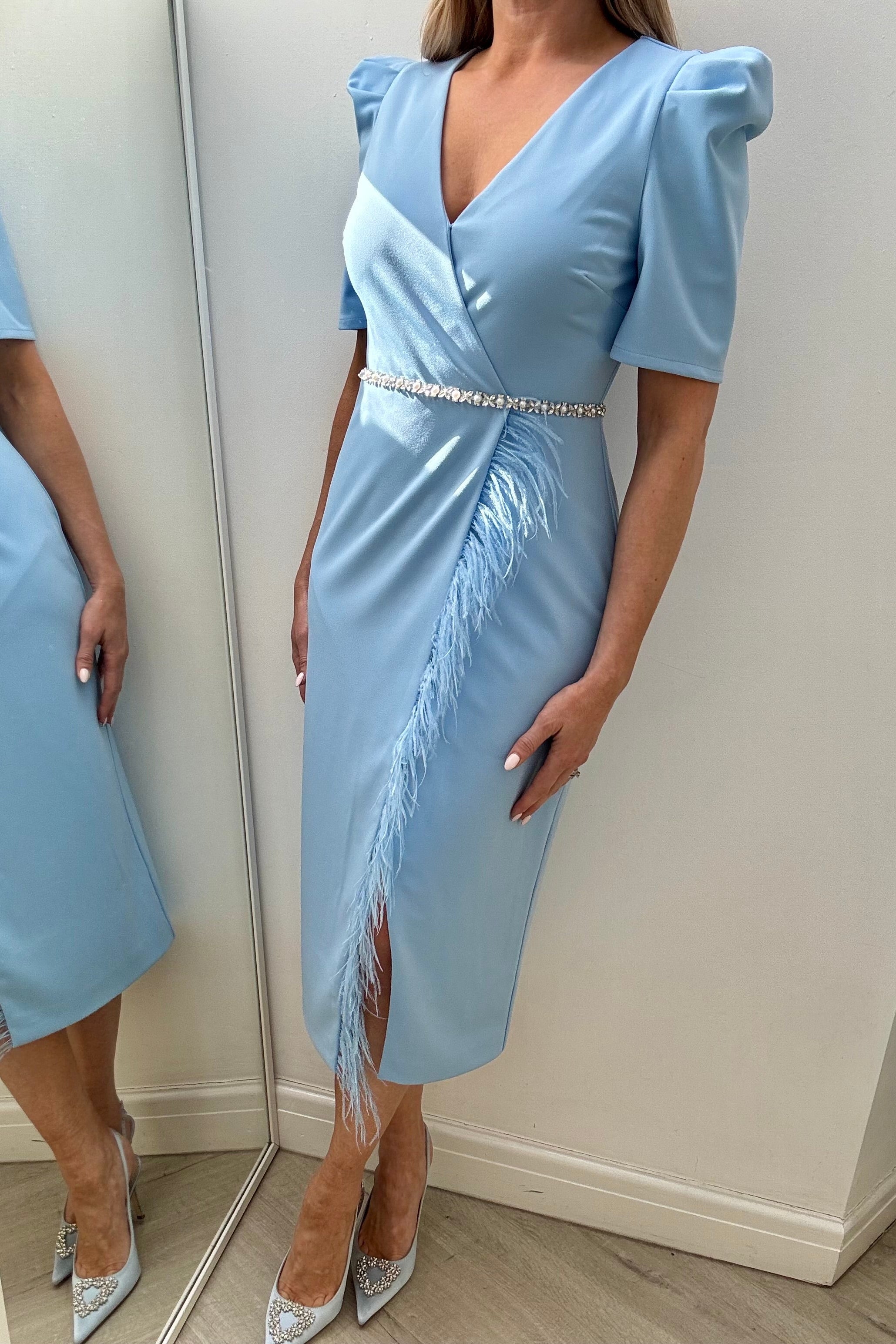 VIVIENNE PUFF SLEEVE FEATHER DRESS - PALE BLUE