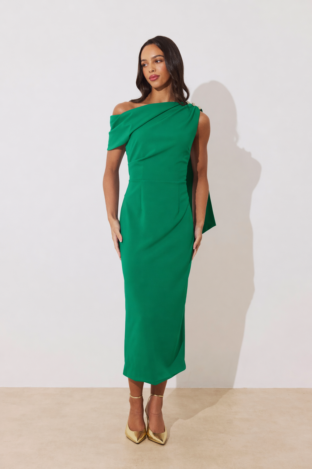 ELENI DRAPE MIDI DRESS - EMERALD GREEN