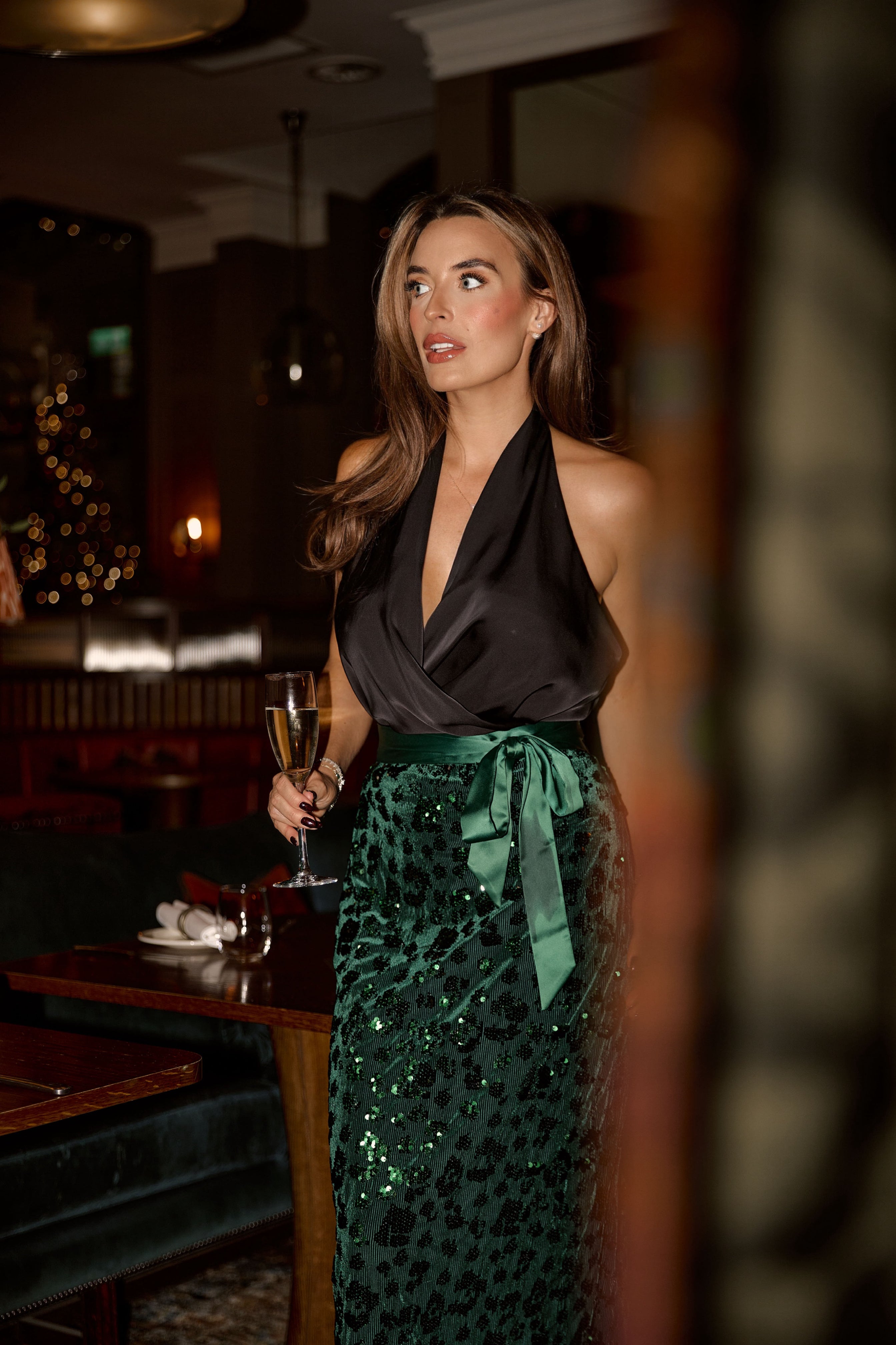 CHRISTINA VELVET SEQUIN MIDI SKIRT WITH BOW WAIST - GREEN