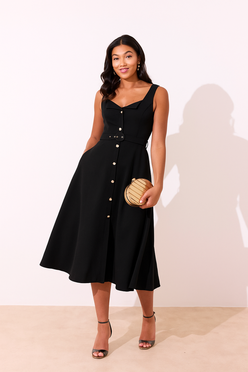 SAFFIRA BELTED FULL SKIRT MIDI DRESS - BLACK