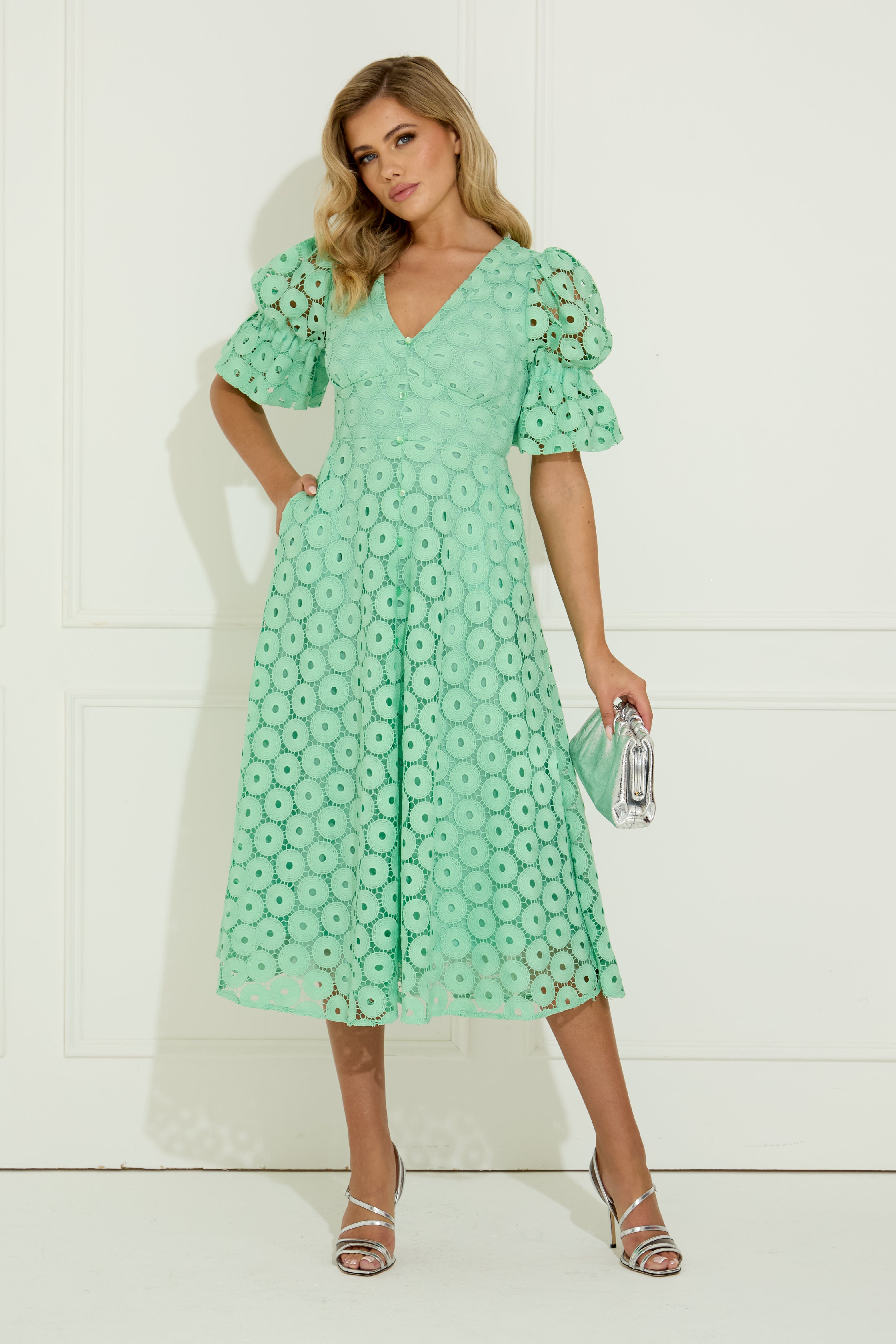 CALLIE CROCHET LACE MIDI DRESS MINT GREEN 8thsign