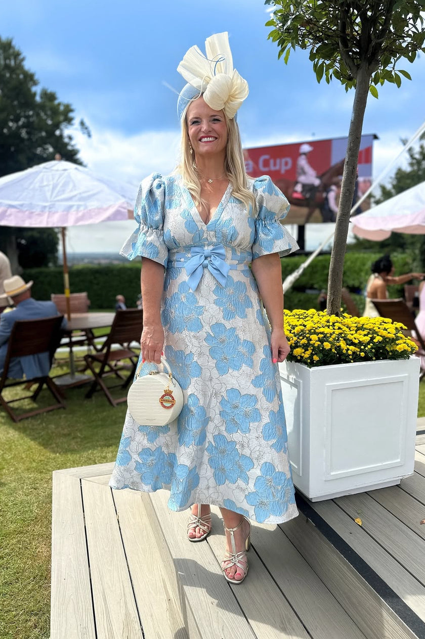 ascot midi dress British Royal Family Blue Ascot Dress CALLIE METALLIC PUFF SLEEVE MIDI DRESS PALE BLUE 8thsign