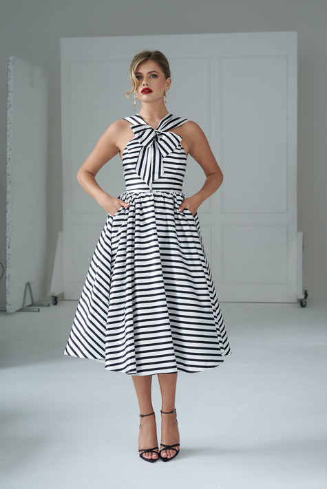 HATTIE STRIPE FULL SKIRT DRESS - BLACK WHITE