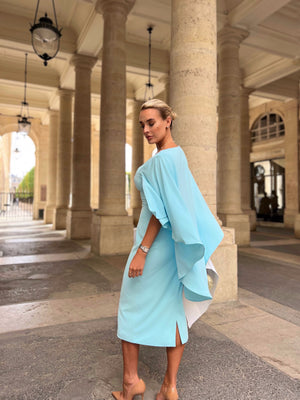 CRISTELLE WATERFALL CAPE MIDI DRESS - AQUA