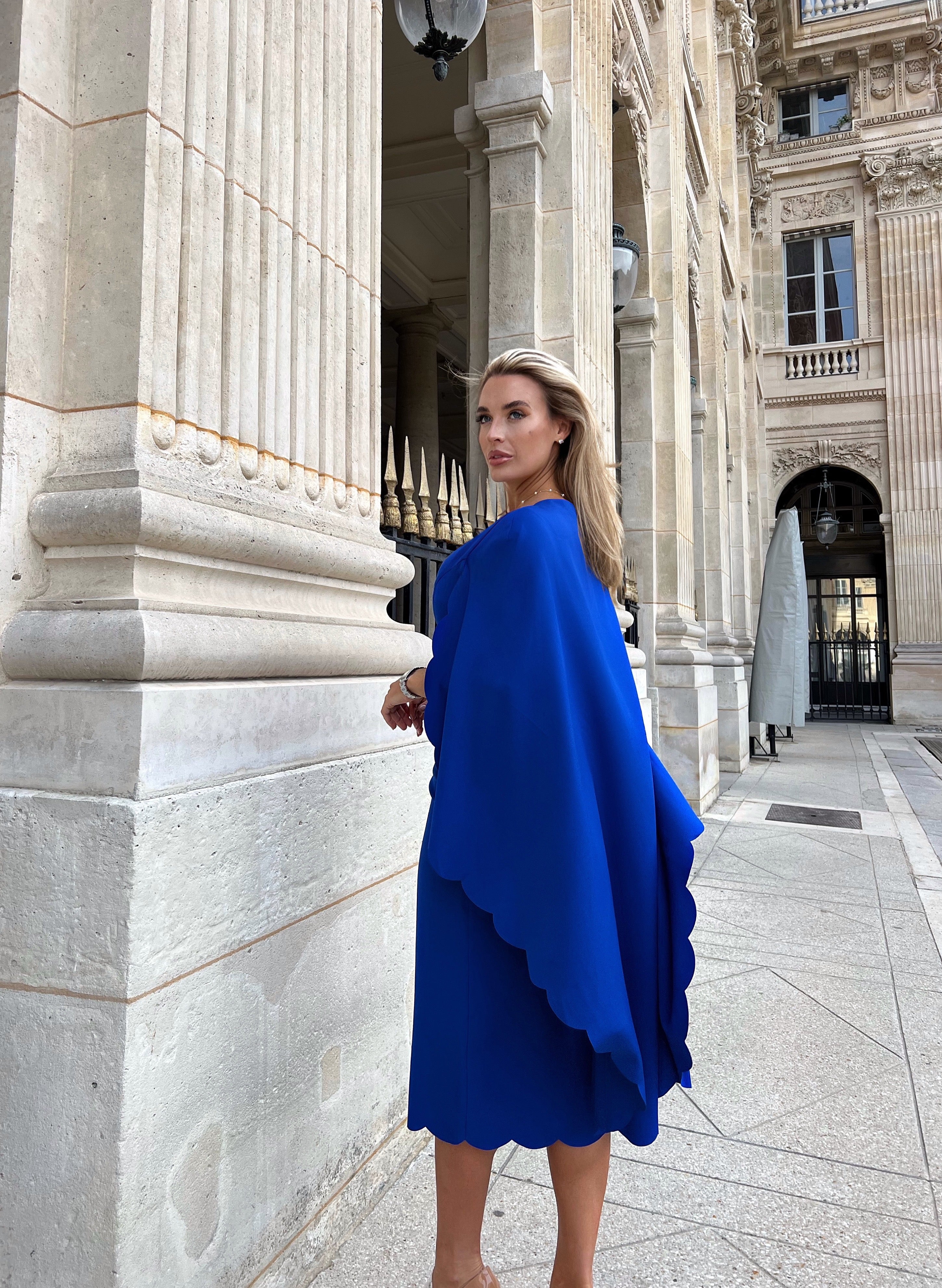 SOPHIA SCALLOP EDGE CAPE MIDI DRESS - COBALT BLUE 8thsign SOPHIA SCALLOP EDGE CAPE MIDI DRESS - COBALT BLUE 8thsign