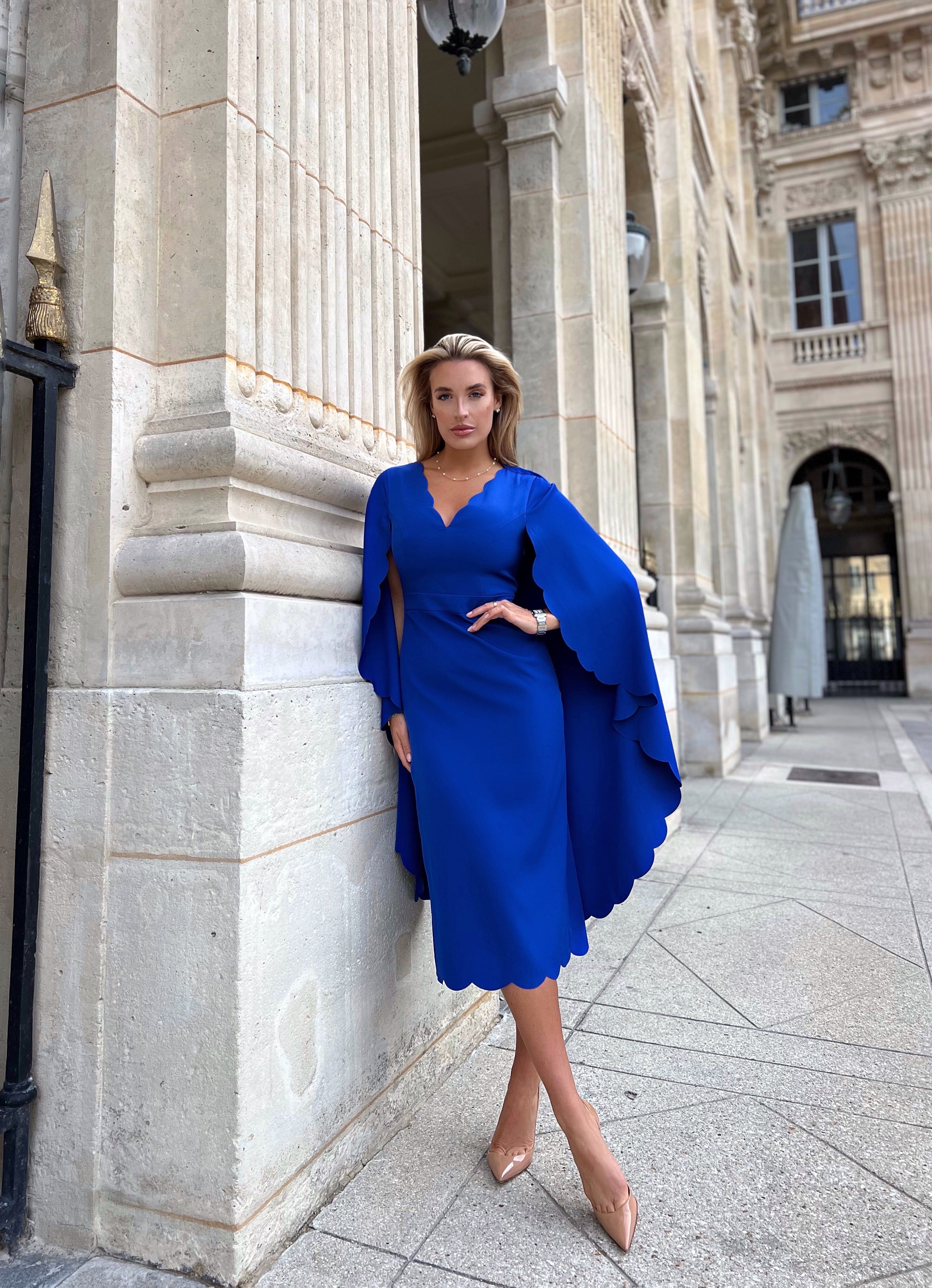 SOPHIA SCALLOP EDGE CAPE MIDI DRESS - COBALT BLUE 8thsign SOPHIA SCALLOP EDGE CAPE MIDI DRESS - COBALT BLUE 8thsign