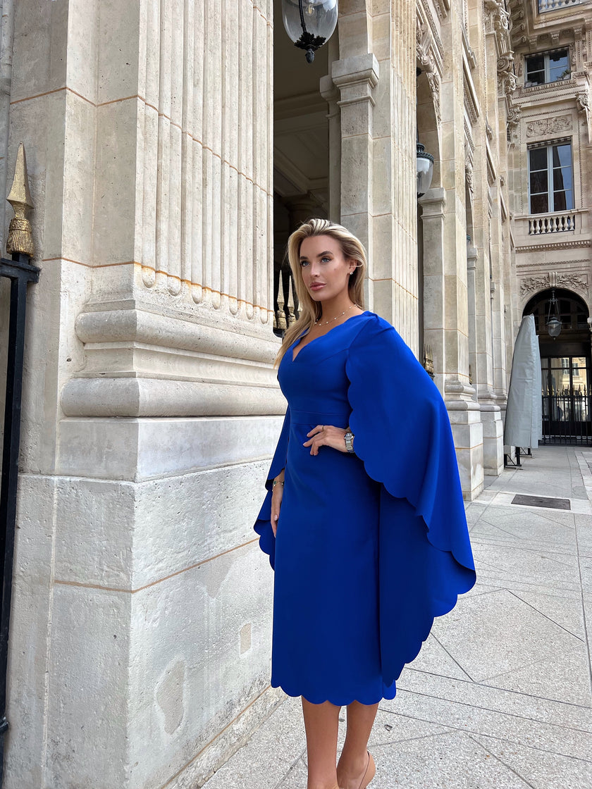 SOPHIA SCALLOP EDGE CAPE MIDI DRESS - COBALT BLUE