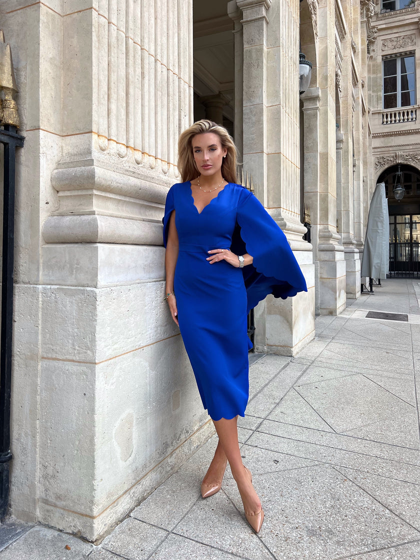 SOPHIA SCALLOP EDGE CAPE MIDI DRESS - COBALT BLUE