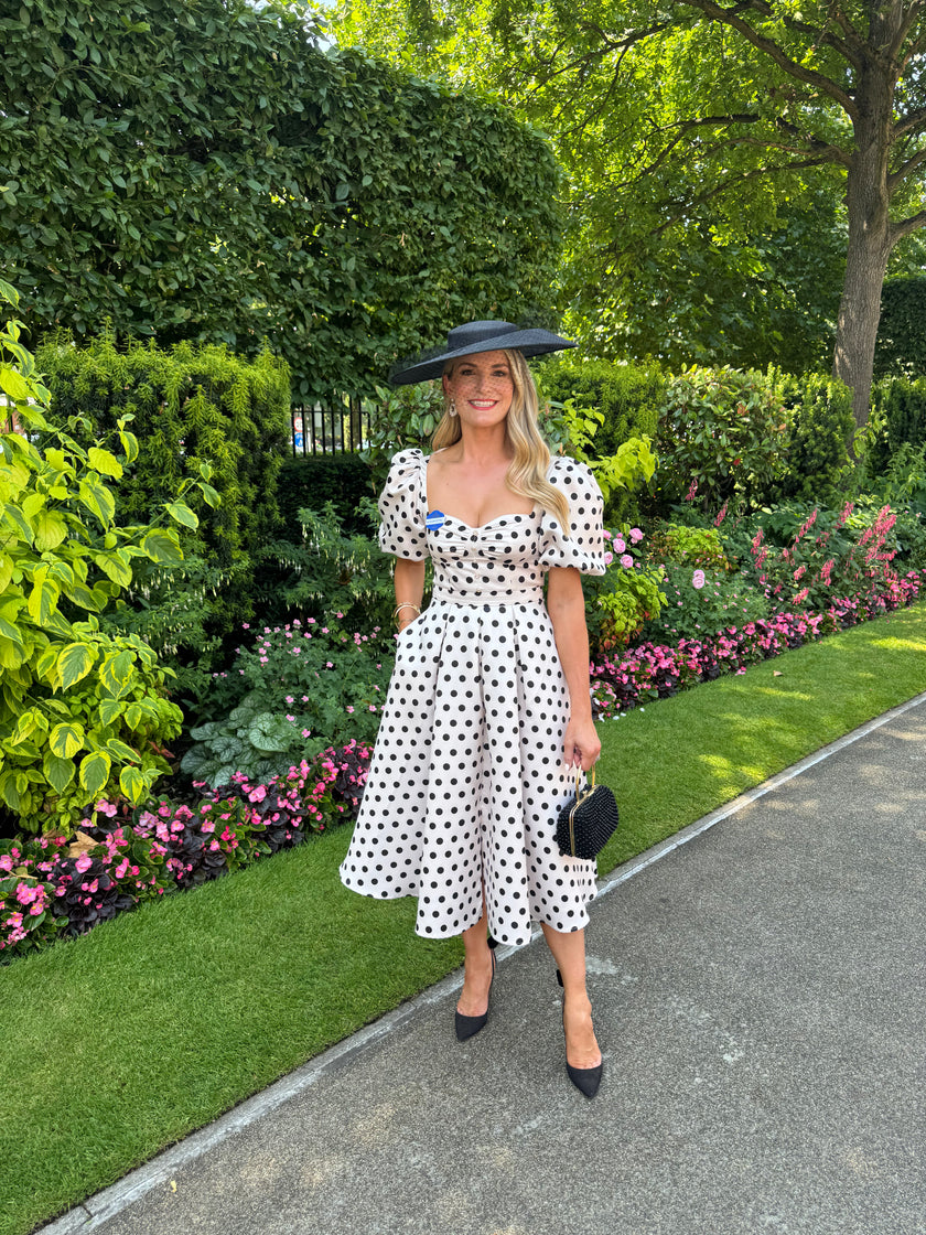 AUDREY PUFF SLEEVE FULL SKIRT DRESS - CHAMPAGNE IVORY POLKA DOT