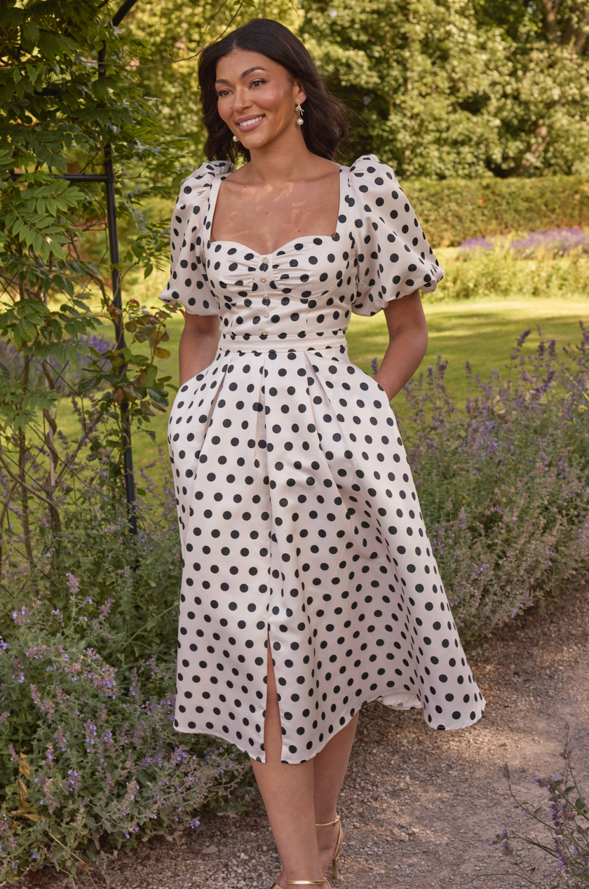 AUDREY PUFF SLEEVE FULL SKIRT DRESS - CHAMPAGNE IVORY POLKA DOT
