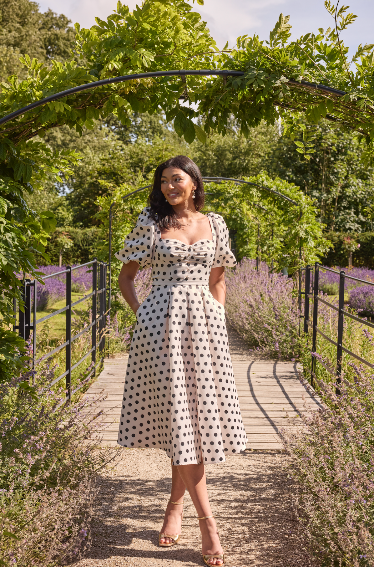 AUDREY PUFF SLEEVE FULL SKIRT DRESS - CHAMPAGNE IVORY POLKA DOT