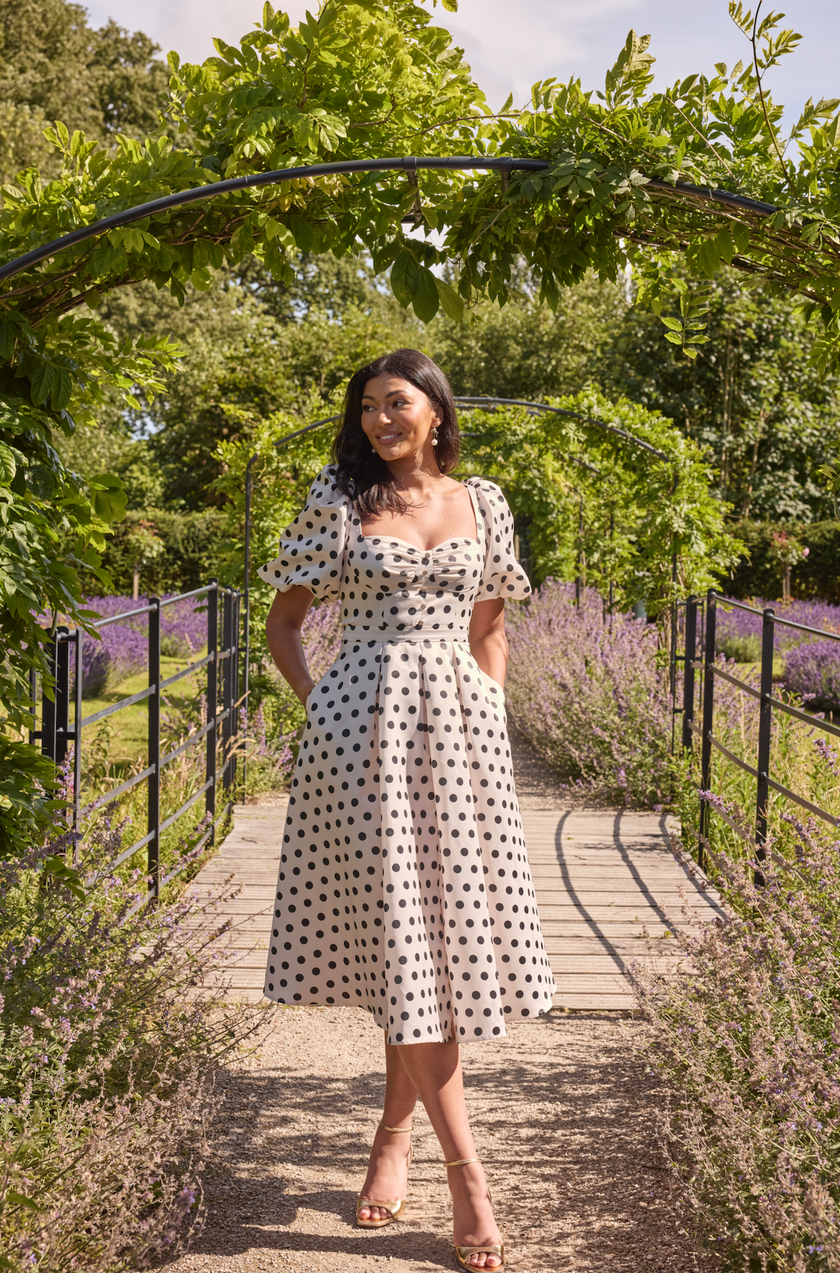 AUDREY PUFF SLEEVE FULL SKIRT DRESS - CHAMPAGNE IVORY POLKA DOT